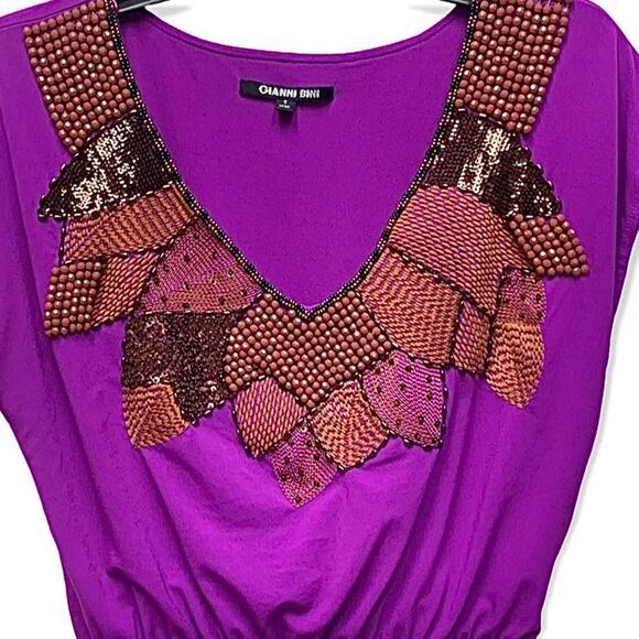 𝅺$110 Gianni Bini Embellished Beaded Deep-V Elastic Waist Dress Size Small - Picture 2 of 8